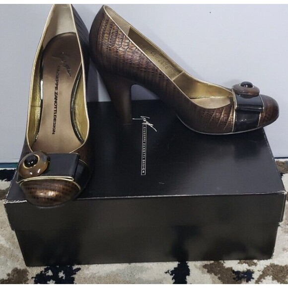 Giuseppe Zanotti Brown Embossed Leather Round Toe VICINI Pumps Heels Size 37.5 - Picture 4 of 12